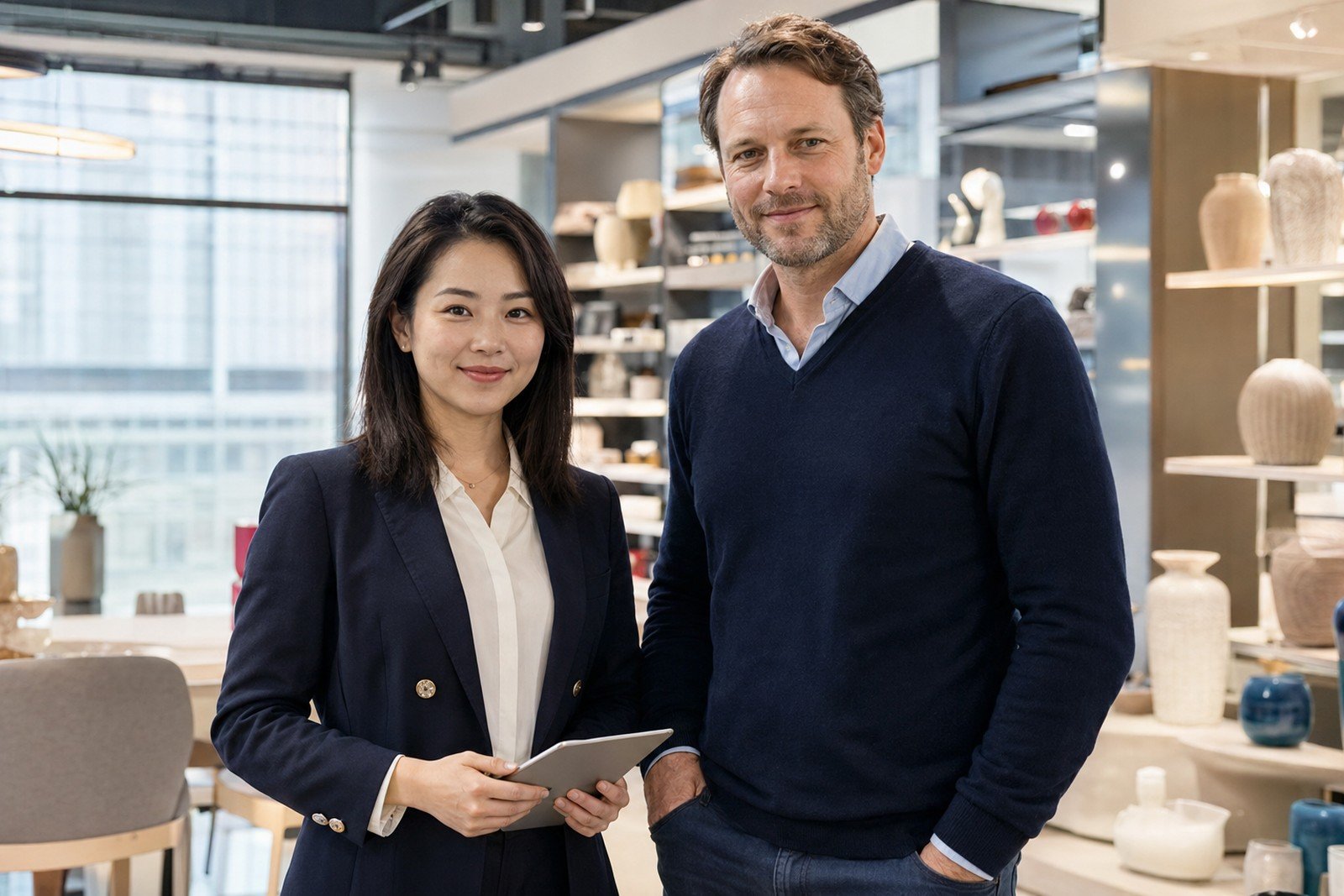 Chinese sourcing professional and international buyer working together