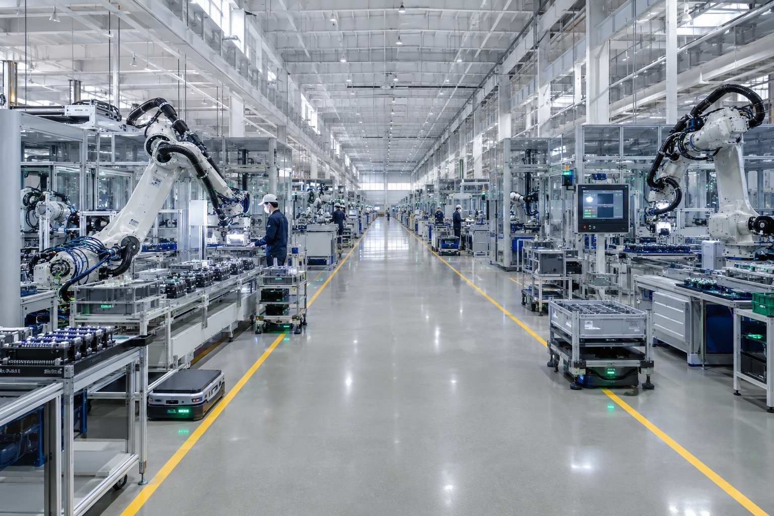 Modern smart factory with robotics, automated inspection and AGV systems