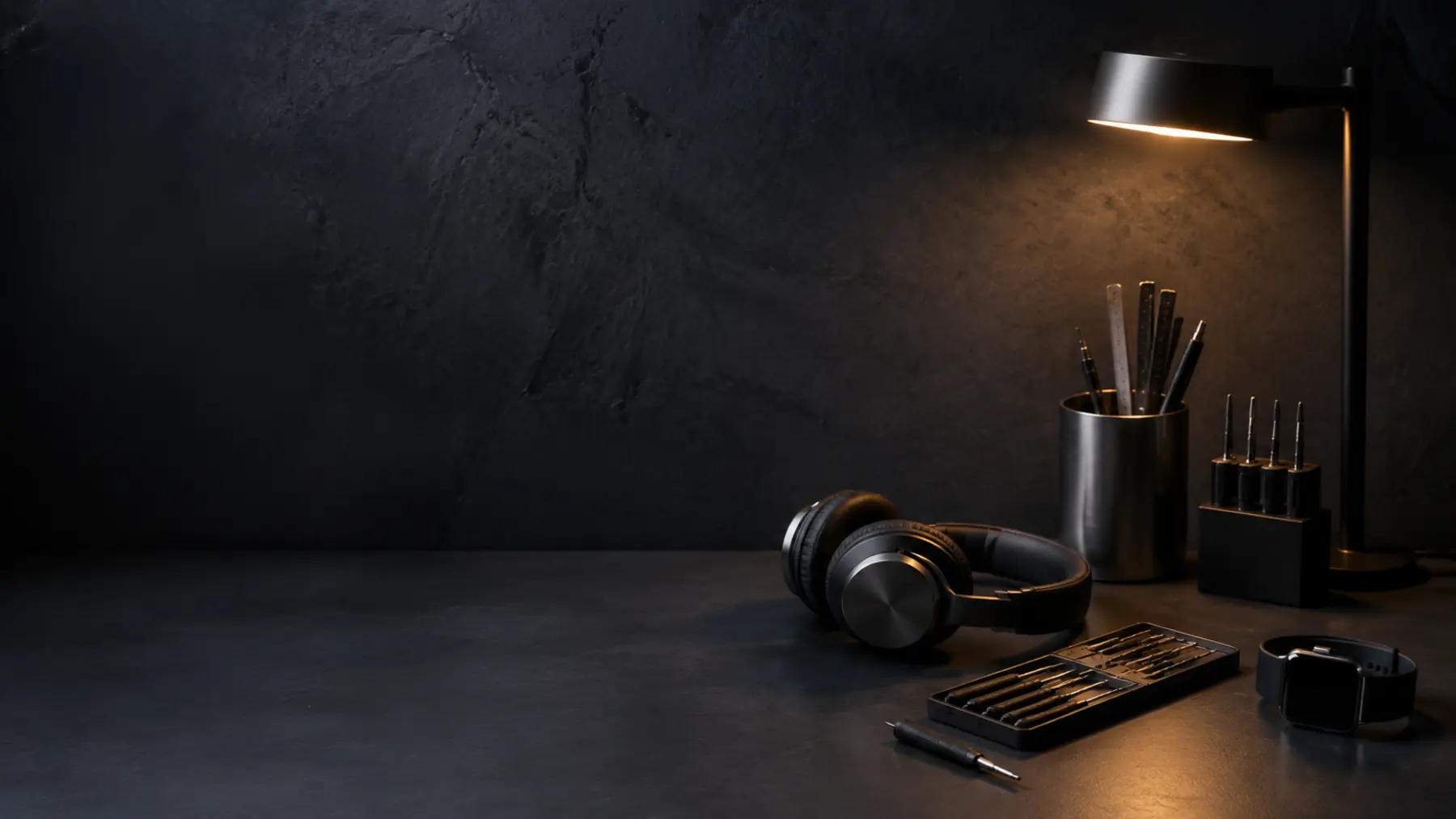 Modern electronics and precision tools on a dark workbench